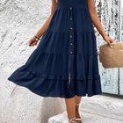 Decorative Button Scoop Neck Tiered Sleeveless Dress