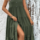 Decorative Button Scoop Neck Tiered Sleeveless Dress