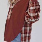 Plaid Notched Neck Slit Blouse