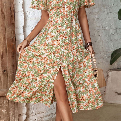Floral V-Neck Front Slit Dress