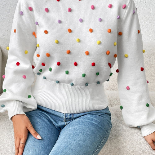 Pom-Pom Trim Mock Neck Long Sleeve Pullover Sweater