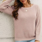 Ribbed Openwork Sleeve Round Neck Pullover Sweater