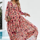 Floral Frill Trim Flounce Sleeve Plunge Maxi Dress