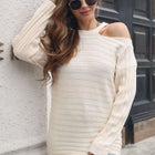 Ribbed Cold Shoulder Round Neck Pullover Sweater