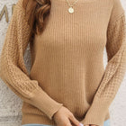 Ribbed Openwork Sleeve Round Neck Pullover Sweater