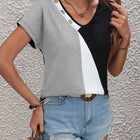 Color Block Decorative Button V-Neck Tee