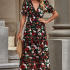 Floral V-Neck Short Flounce Sleeve Dress