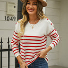 Round Neck Shoulder Button Striped Pullover Sweater
