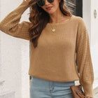 Ribbed Openwork Sleeve Round Neck Pullover Sweater