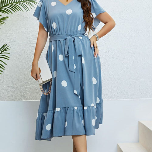 Polka Dot Belted Flutter Sleeve Ruffle Hem Dress