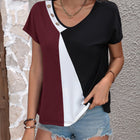 Color Block Decorative Button V-Neck Tee