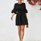 Round Neck Tie Belt Flounce Sleeve Dress