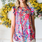 Abstract Print Ruffle Shoulder Top