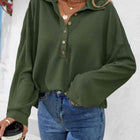 Half Button Collared Neck Long Sleeve Top