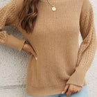 Ribbed Openwork Sleeve Round Neck Pullover Sweater