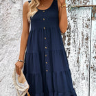 Decorative Button Scoop Neck Tiered Sleeveless Dress