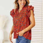 Double Take Floral Flutter Sleeve Notched Neck Blouse