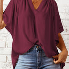 Gathered Detail Notched Neck Flutter Sleeve Top
