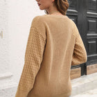 Ribbed Openwork Sleeve Round Neck Pullover Sweater