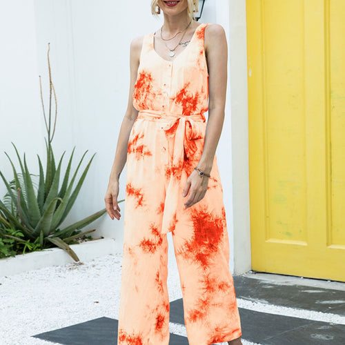 Tie-Dye Tie Waist Sleeveless Jumpsuit