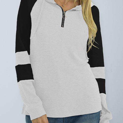 Waffle-Knit Raglan Sleeve Zipper Front Hoody