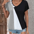 Color Block Decorative Button V-Neck Tee