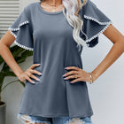 Pom-Pom Trim Flutter Sleeve Round Neck Tee