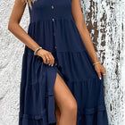 Decorative Button Scoop Neck Tiered Sleeveless Dress