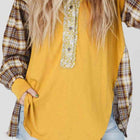 Plaid Notched Neck Slit Blouse