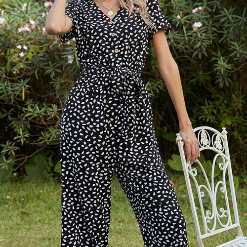 Printed V-Neck Short Sleeve Jumpsuit