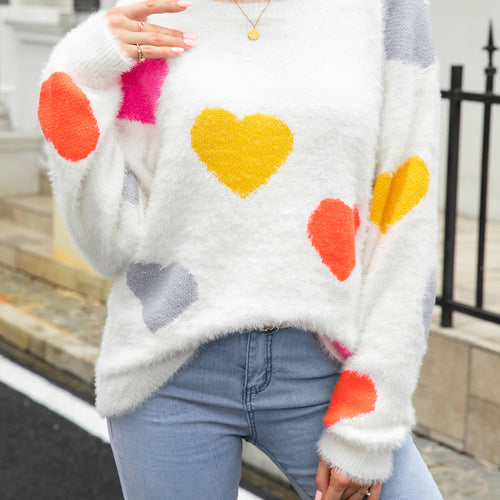 Heart Pattern Round Neck Long Sleeve Sweater