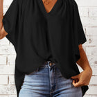 Gathered Detail Notched Neck Flutter Sleeve Top