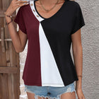 Color Block Decorative Button V-Neck Tee