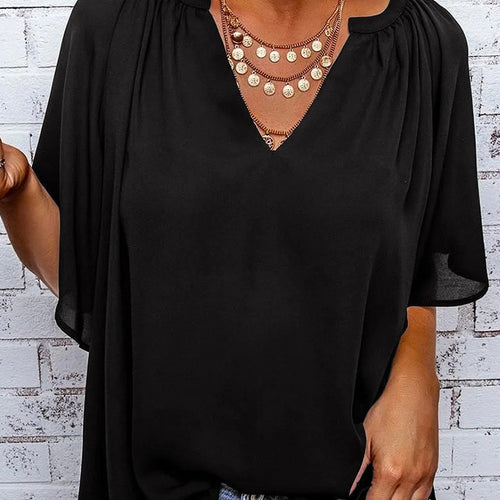 Gathered Detail Notched Neck Flutter Sleeve Top