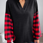 Buffalo Plaid Color Block Balloon Sleeve Top