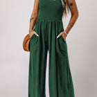 Smocked Square Neck Wide Leg Jumpsuit with Pockets