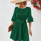 Round Neck Tie Belt Flounce Sleeve Dress