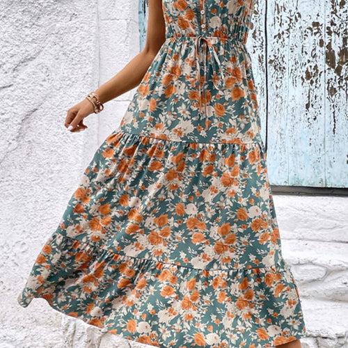 Floral V-Neck Tiered Sleeveless Dress