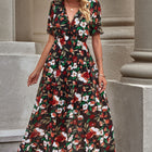 Floral V-Neck Short Flounce Sleeve Dress
