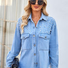 Pearl Detail Pocketed Button Up Denim Jacket