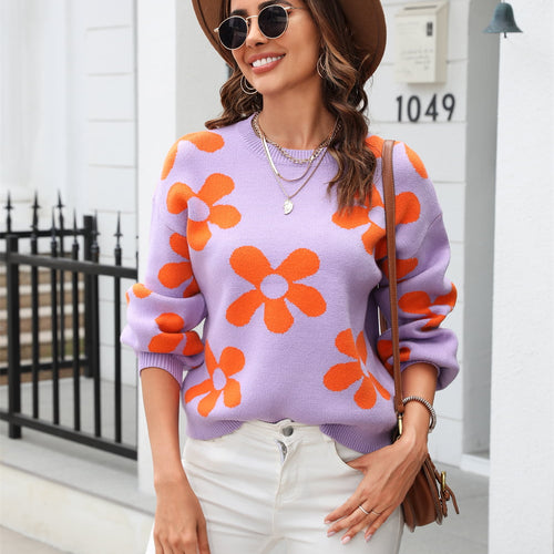 Floral Print Round Neck Dropped Shoulder Pullover Sweater