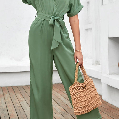 Tie Waist Surplice Wide Leg Jumpsuit