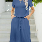 Round Neck Short Sleeve Slit Dress with Pockets