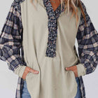 Plaid Notched Neck Slit Blouse