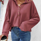 Half Button Collared Neck Long Sleeve Top