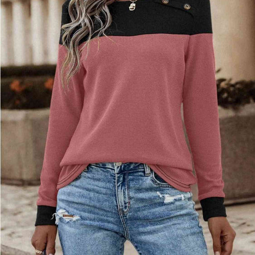Contrast Buttoned Round Neck Long Sleeve T-Shirt