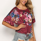 Floral Tie Hem Flounce Sleeve Top