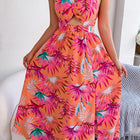 Botanical Print Tied Backless Cutout Slit Dress