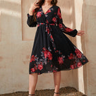 Plus Size Floral Surplice Neck Tie Waist Dress