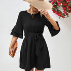 Round Neck Tie Belt Flounce Sleeve Dress